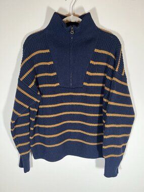 FAHERTY Blue Gold Mariner Stripe quarter zip sweater preppy cotton blend Large